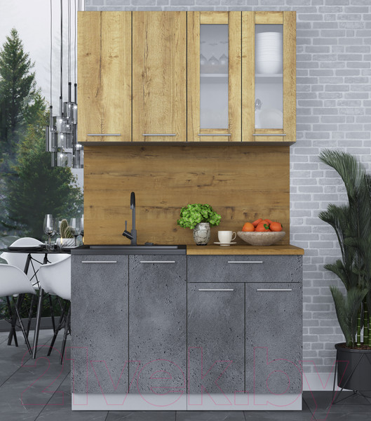 Изображение товара Кухонный гарнитур Интерлиния Мила 12 (дуб золотой/бетон портленд/дуб бунратти)