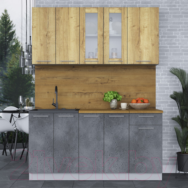 Изображение товара Кухонный гарнитур Интерлиния Мила 16-60 (дуб золотой/бетон портленд/дуб бунратти)