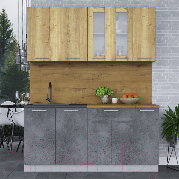 Изображение товара Кухонный гарнитур Интерлиния Мила 17 (дуб золотой/бетон портленд/дуб бунратти)