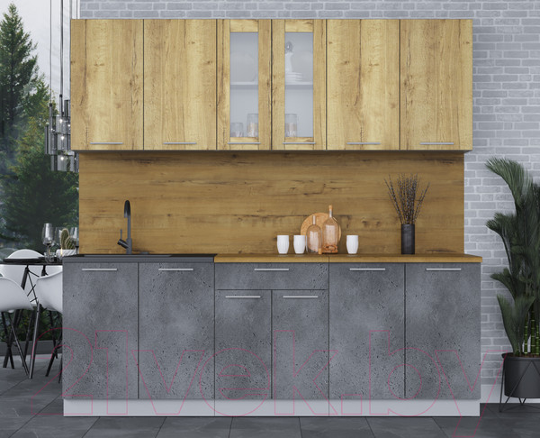 Изображение товара Кухонный гарнитур Интерлиния Мила 22 (дуб золотой/бетон портленд/дуб бунратти)