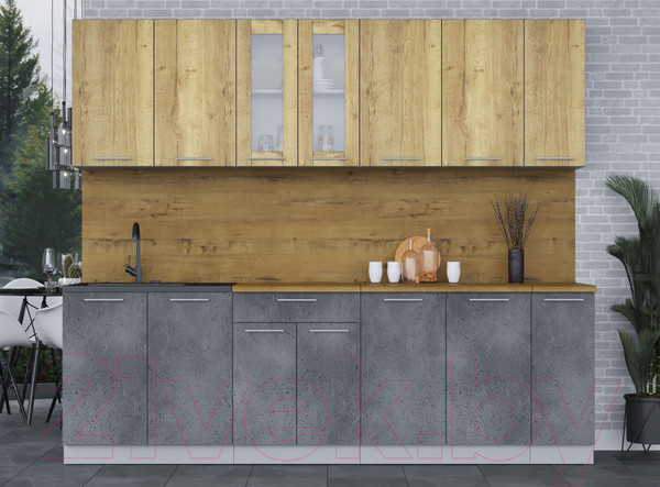 Изображение товара Кухонный гарнитур Интерлиния Мила 25 (дуб золотой/бетон портленд/дуб бунратти)