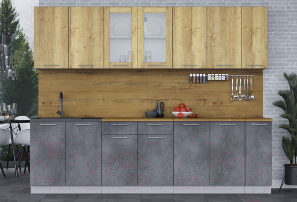 Изображение товара Кухонный гарнитур Интерлиния Мила 27 (дуб золотой/бетон портленд/дуб бунратти)