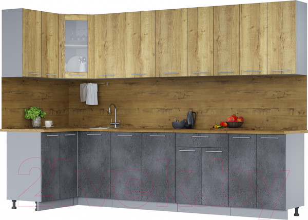 Изображение товара Кухонный гарнитур Интерлиния Мила 12x30 (дуб золотой/бетон портленд/дуб бунратти)