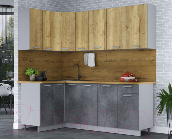 Изображение товара Кухонный гарнитур Интерлиния Мила Лайт 1.2x2.1 (дуб золотой/бетон портленд/дуб бунратти)
