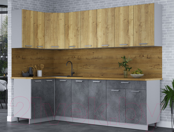 Изображение товара Кухонный гарнитур Интерлиния Мила Лайт 1.2x2.6 (дуб золотой/бетон портленд/дуб бунратти)