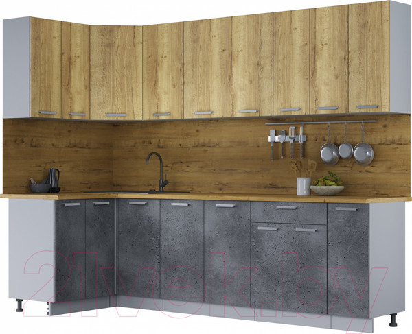 Изображение товара Кухонный гарнитур Интерлиния Мила Лайт 1.2x2.7 (дуб золотой/бетон портленд/дуб бунратти)