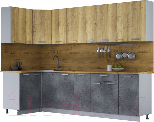 Изображение товара Кухонный гарнитур Интерлиния Мила Лайт 1.2x2.8 (дуб золотой/бетон портленд/дуб бунратти)