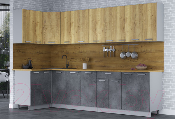 Изображение товара Кухонный гарнитур Интерлиния Мила Лайт 1.2x3.0 (дуб золотой/бетон портленд/дуб бунратти)