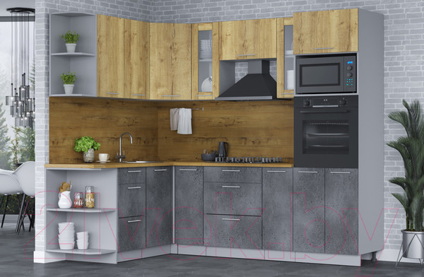 Изображение товара Кухонный гарнитур Интерлиния Мила 1.68х2.4 левая (дуб золотой/бетон портленд/дуб бунратти)