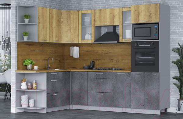 Изображение товара Кухонный гарнитур Интерлиния Мила 1.68х2.6 левая (дуб золотой/бетон портленд/дуб бунратти)