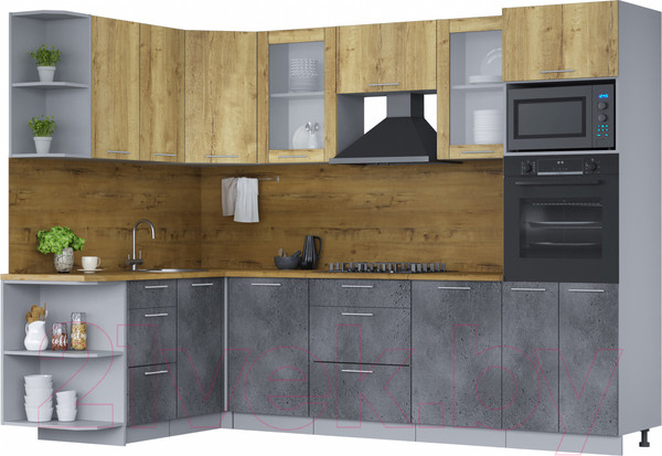 Изображение товара Кухонный гарнитур Интерлиния Мила 1.68х2.8 левая (дуб золотой/бетон портленд/дуб бунратти)