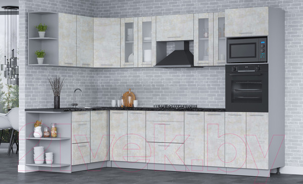 Изображение товара Кухонный гарнитур Интерлиния Мила 1.68х3.0 левая (бетон лайт/бетон лайт/кастилло темный)