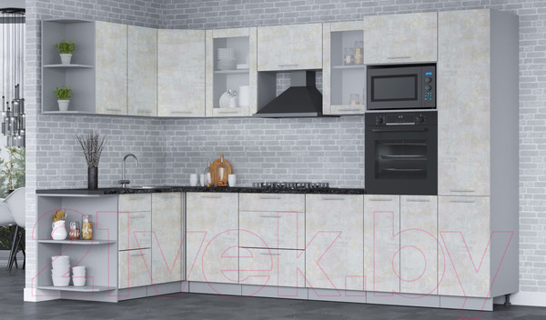 Изображение товара Кухонный гарнитур Интерлиния Мила 1.68х3.2 левая (бетон лайт/бетон лайт/кастилло темный)