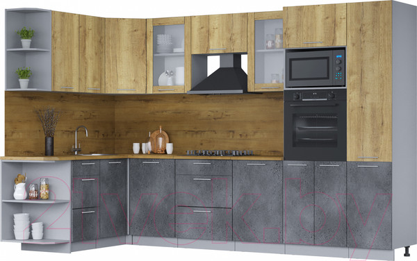 Изображение товара Кухонный гарнитур Интерлиния Мила 1.68х3.2 левая (дуб золотой/бетон портленд/дуб бунратти)