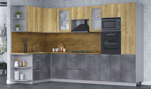 Изображение товара Кухонный гарнитур Интерлиния Мила 1.68х3.2 левая (дуб золотой/бетон портленд/дуб бунратти)