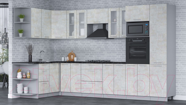 Изображение товара Кухонный гарнитур Интерлиния Мила 1.68х3.4 левая (бетон лайт/бетон лайт/кастилло темный)