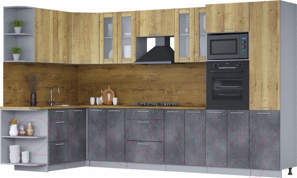 Изображение товара Кухонный гарнитур Интерлиния Мила 1.68х3.4 левая (дуб золотой/бетон портленд/дуб бунратти)