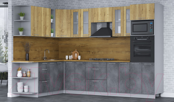 Изображение товара Кухонный гарнитур Интерлиния Мила 1.88х3.0 левая (дуб золотой/бетон портленд/дуб бунратти)