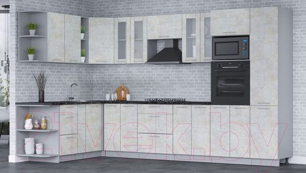 Изображение товара Кухонный гарнитур Интерлиния Мила 1.88х3.4 левая (бетон лайт/бетон лайт/кастилло темный)