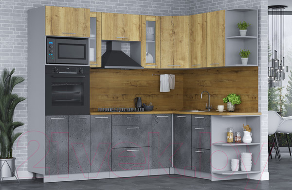 Изображение товара Кухонный гарнитур Интерлиния Мила 1.68х2.4 правая (дуб золотой/бетон портленд/дуб бунратти)