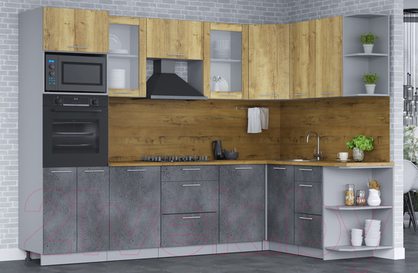 Изображение товара Кухонный гарнитур Интерлиния Мила 1.68х2.8 правая (дуб золотой/бетон портленд/дуб бунратти)