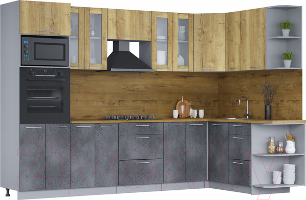 Изображение товара Кухонный гарнитур Интерлиния Мила 1.68х3.0 правая (дуб золотой/бетон портленд/дуб бунратти)