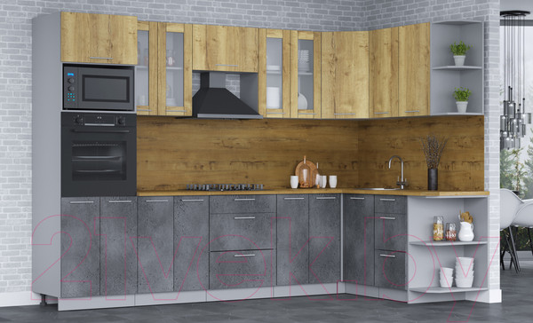 Изображение товара Кухонный гарнитур Интерлиния Мила 1.68х3.0 правая (дуб золотой/бетон портленд/дуб бунратти)