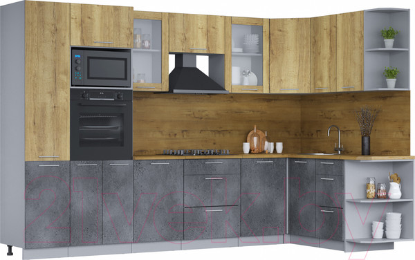 Изображение товара Кухонный гарнитур Интерлиния Мила 1.68х3.2 правая (дуб золотой/бетон портленд/дуб бунратти)