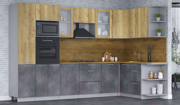 Изображение товара Кухонный гарнитур Интерлиния Мила 1.68х3.2 правая (дуб золотой/бетон портленд/дуб бунратти)