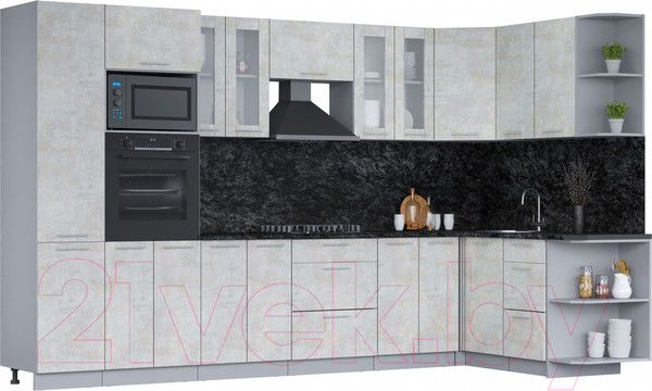 Изображение товара Кухонный гарнитур Интерлиния Мила 1.68х3.4 правая (бетон лайт/бетон лайт/кастилло темный)
