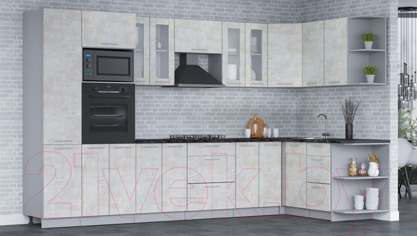 Изображение товара Кухонный гарнитур Интерлиния Мила 1.68х3.4 правая (бетон лайт/бетон лайт/кастилло темный)