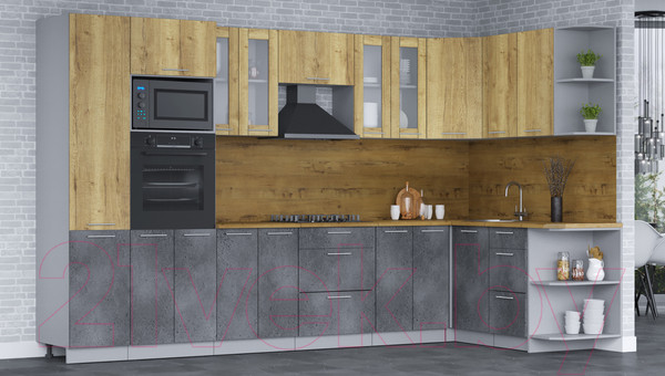 Изображение товара Кухонный гарнитур Интерлиния Мила 1.68х3.4 правая (дуб золотой/бетон портленд/дуб бунратти)