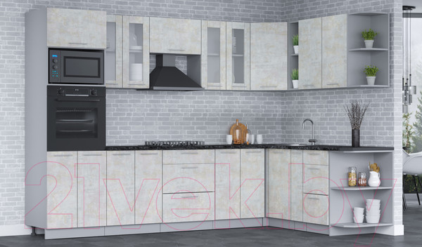 Изображение товара Кухонный гарнитур Интерлиния Мила 1.88х3.0 правая (бетон лайт/бетон лайт/кастилло темный)