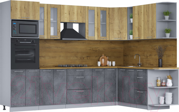 Изображение товара Кухонный гарнитур Интерлиния Мила 1.88х3.0 правая (дуб золотой/бетон портленд/дуб бунратти)