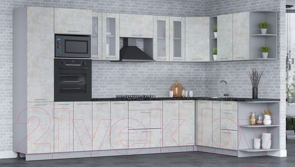 Изображение товара Кухонный гарнитур Интерлиния Мила 1.88х3.4 правая (бетон лайт/бетон лайт/кастилло темный)