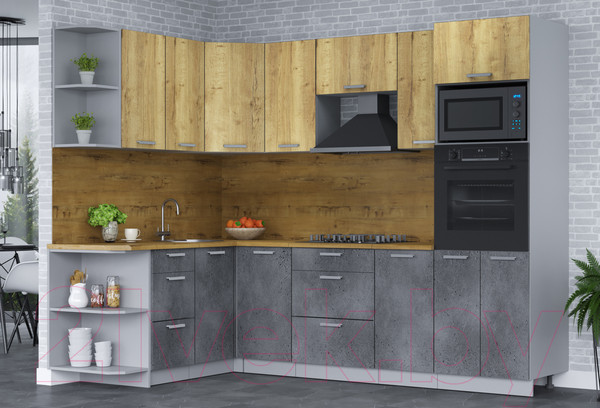 Изображение товара Кухонный гарнитур Интерлиния Мила Лайт 1.68х2.6 левая (дуб золотой/бетон портленд/дуб бунратти)