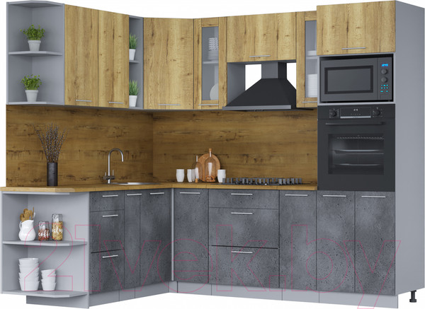 Изображение товара Кухонный гарнитур Интерлиния Мила Лайт 1.88х2.4 левая (дуб золотой/бетон портленд/дуб бунратти)