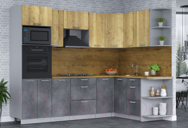 Изображение товара Кухонный гарнитур Интерлиния Мила Лайт 1.68х2.6 правая (дуб золотой/бетон портленд/дуб бунратти)