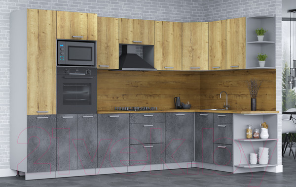 Изображение товара Кухонный гарнитур Интерлиния Мила Лайт 1.68х3.2 правая (дуб золотой/бетон портленд/дуб бунратти)