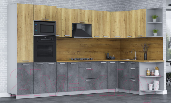 Изображение товара Кухонный гарнитур Интерлиния Мила Лайт 1.68х3.4 правая (дуб золотой/бетон портленд/дуб бунратти)