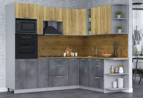 Изображение товара Кухонный гарнитур Интерлиния Мила Лайт 1.88х2.4 правая (дуб золотой/бетон портленд/дуб бунратти)