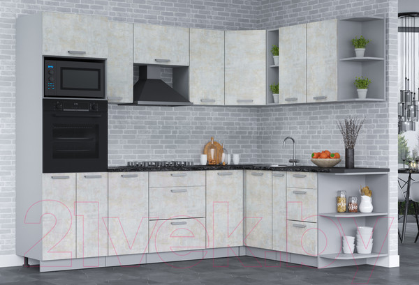 Изображение товара Кухонный гарнитур Интерлиния Мила Лайт 1.88х2.6 правая (бетон лайт/бетон лайт/кастилло темный)