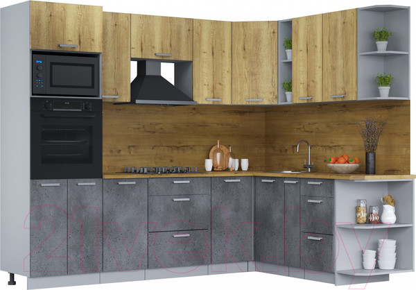 Изображение товара Кухонный гарнитур Интерлиния Мила Лайт 1.88х2.6 правая (дуб золотой/бетон портленд/дуб бунратти)