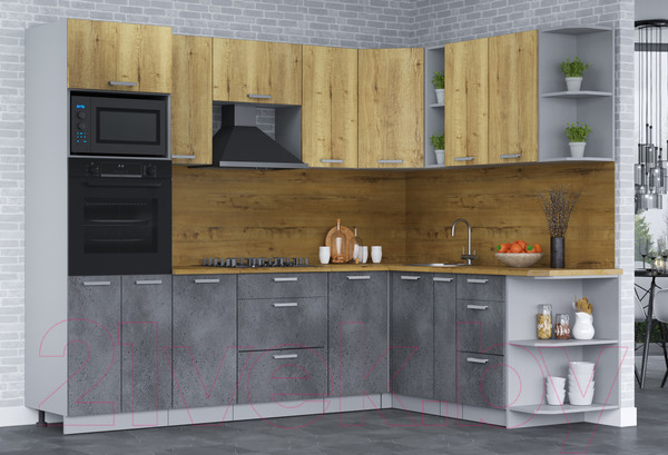 Изображение товара Кухонный гарнитур Интерлиния Мила Лайт 1.88х2.6 правая (дуб золотой/бетон портленд/дуб бунратти)