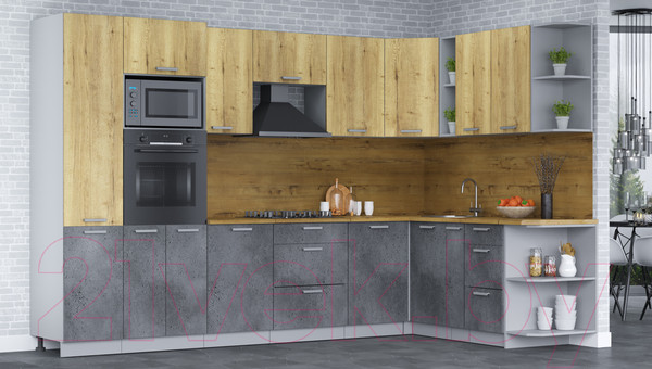 Изображение товара Кухонный гарнитур Интерлиния Мила Лайт 1.88х3.2 правая (дуб золотой/бетон портленд/дуб бунратти)