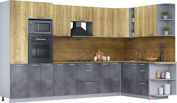 Изображение товара Кухонный гарнитур Интерлиния Мила Лайт 1.88х3.4 правая (дуб золотой/бетон портленд/дуб бунратти)