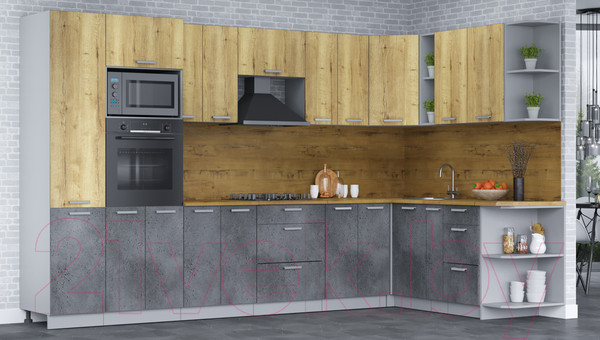 Изображение товара Кухонный гарнитур Интерлиния Мила Лайт 1.88х3.4 правая (дуб золотой/бетон портленд/дуб бунратти)