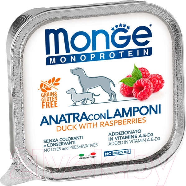 Изображение товара Влажный корм для собак Monge Natural Monoprotein Fruits из утки с малиной, ламистер (150г)