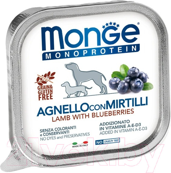 Изображение товара Влажный корм для собак Monge Natural Monoprotein Fruits из ягненка с черникой, ламистер (150г)