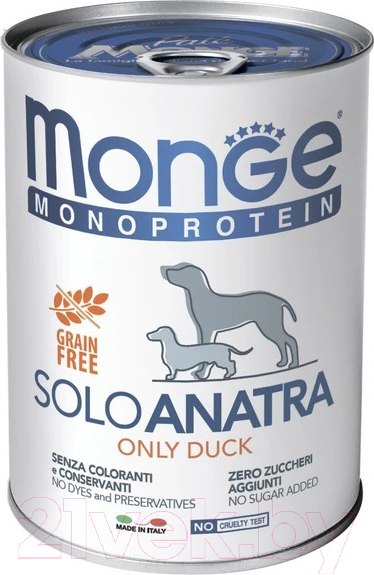 Изображение товара Влажный корм для собак Monge Monoprotein паштет из утки, консервы (400г)